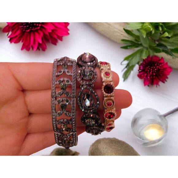 Set of 3 Stretch Metal Bracelets - Red and Gray Rhinestones, Glam Jewelry - Picture 1 of 11